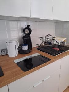 土伦T2 Proche du port, zone piétonne的厨房柜台配有咖啡壶和时钟
