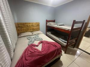 戈亚尼亚AP inteiro com ar condicionado的一间卧室,配有一张床铺和红毯,以心形装饰