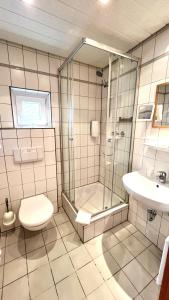 圣戈阿尔Hotel zur Loreley - Garni的带淋浴、卫生间和盥洗盆的浴室