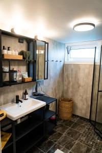 翁达尔斯内斯lovely UNDERGROUND flat ÅNDALSNES的一间带水槽和淋浴的浴室