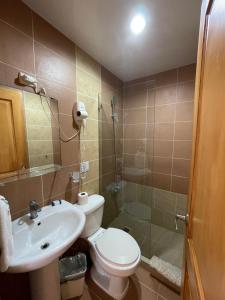蓬塔卡纳Karimar Beach Condo Hotel的浴室配有卫生间、盥洗盆和淋浴。