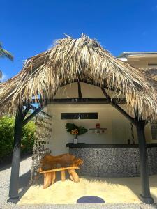 拉斯特拉纳斯El Rincon de Abi的海滩上草伞下的长凳