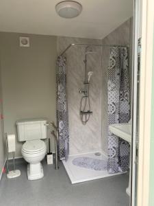 LincolnshireAmelia Vera的带淋浴、卫生间和盥洗盆的浴室