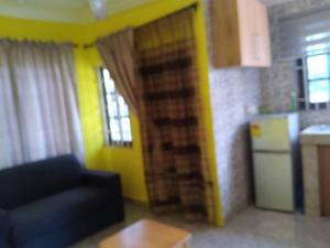 阿克拉Abokobi Cosy Home的一间带蓝色沙发的客厅和一间厨房