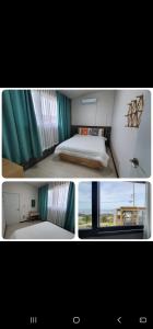 济州市Beach Sunset的卧室两张照片,配有一张床和一个窗户