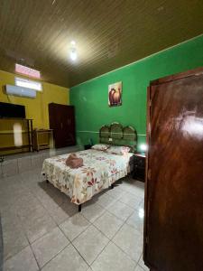 弗洛勒斯Casa Maya Itza的一间卧室设有一张床和绿色的墙壁