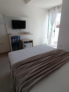 巴拉那州蓬塔尔Residencial Mar Azul-suíte 12的一间卧室配有一张床铺,床上有毯子