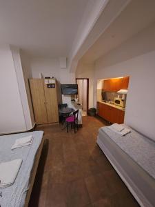 贝尔格莱德MAGENTA Apartments的带两张床的房间和带桌子的厨房
