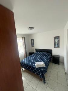 阿里卡Alto Chinchorro Hostel的一间卧室配有一张带蓝色棉被的床