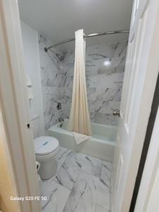 布朗斯维尔La Vista Motel的浴室配有卫生间、浴缸和淋浴帘