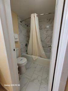 布朗斯维尔La Vista Motel的浴室设有卫生间和带浴帘的淋浴。