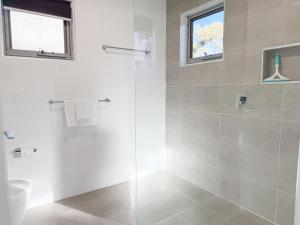 克拉肯巴克Iron Bark Chalet的浴室设有玻璃淋浴间和卫生间