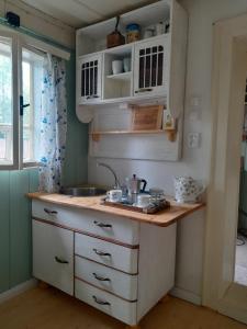 赫日布斯卡Zelený pokoj的厨房配有白色橱柜、水槽和窗户。
