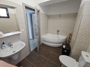 拉姆尼库沃尔恰Apartament edy的带浴缸、卫生间和盥洗盆的浴室