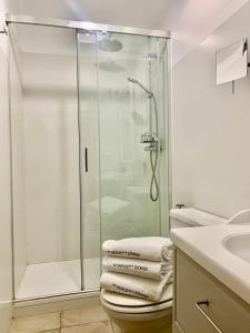 科尔多瓦尤德利亚露台公寓的带淋浴和毛巾的白色浴室