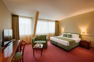 科莫巴格尔达高级酒店的酒店客房,配有一张床和一把绿色椅子