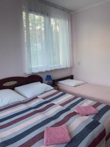 别列戈沃Будинок для відпочинку Dana的一间卧室配有两张床和条纹毯子