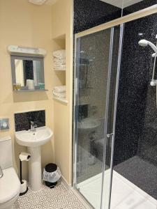 德拉姆纳德罗希特Loch Ness Drumnadrochit Hotel的带淋浴、卫生间和盥洗盆的浴室