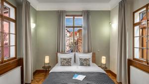 布拉格3 Epoques Apartments by Adrez的一间卧室设有一张床和一个大窗户