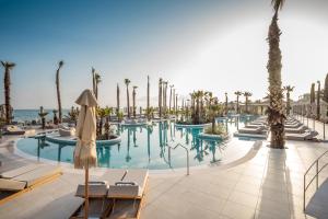 赫索尼索斯Europa Beach Hotel & Spa的一座棕榈树和椅子的游泳池以及大海