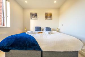 斯蒂夫尼奇Luxury 1 Bedroom serviced apartment with Roof terrace & Gym的一间卧室配有一张大床,上面有蓝色的毯子