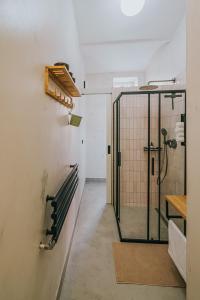 布拉格Art hotel Sazavska的带淋浴的浴室,带玻璃门