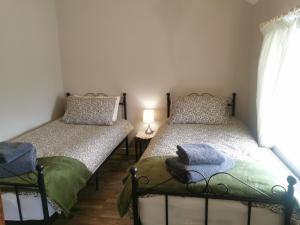 邓吉文Christie's Cottage的带窗户的客房内设有两张单人床。