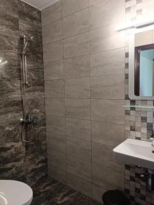 切尔诺莫雷茨Coral Family Hotel的带淋浴和盥洗盆的浴室