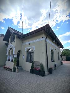 普洛耶什蒂PERFECT VILLA Ploiesti的前面有盆栽植物的小白色建筑