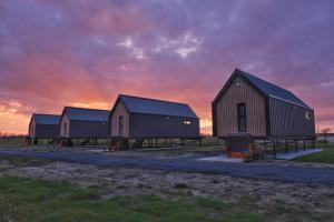 PietersbierumWad & Loft unieke paalwoning vlakbij de Waddenzee的一组谷仓,背景是日落