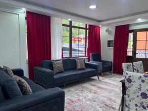 乌宗Kuzey Park Hotel的客厅配有蓝色的沙发和红色的窗帘
