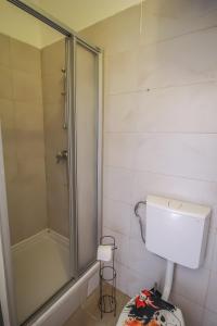 维也纳Spacious Apartment in Floridsdorf Area PR9的带淋浴和白色卫生间的浴室