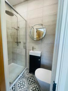 纽卡斯尔Grey Heron Townhouse的带淋浴、盥洗盆和镜子的浴室