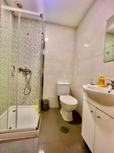 波尔图SwissPorto Guest House的带淋浴、卫生间和盥洗盆的浴室