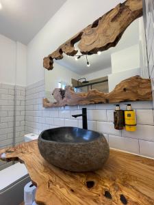 塔拉哈勒赫La Villa的木制柜台上带石水槽的浴室