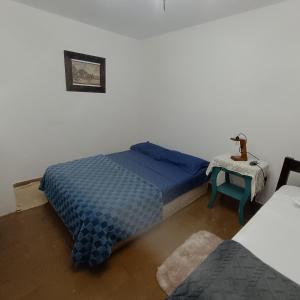波萨达斯Casa céntrica muy comoda的一间卧室配有一张蓝色的床和一张桌子