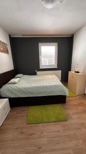 利岑Ferienwohnung Casa Claudia的一间卧室配有一张带绿色床单的床和一扇窗户。