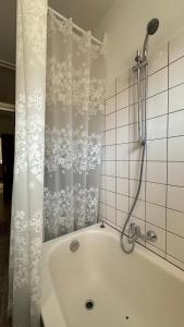 利岑Ferienwohnung Casa Claudia的浴室设有带浴帘的浴缸