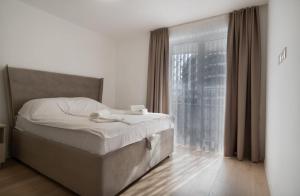 萨拉热窝Sarajevo Waves Aparthotel的一间卧室设有一张床和一个大窗户
