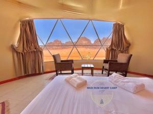 瓦迪拉姆Wadi Rum desert camp的一间设有一张床并享有沙漠景色的客房