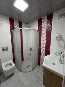 卡尔斯Kars Center Hotel的带淋浴、卫生间和盥洗盆的浴室
