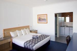 奥尔伯里奥尔伯里明轮艇汽车旅馆 的酒店客房带一张床和一个厨房