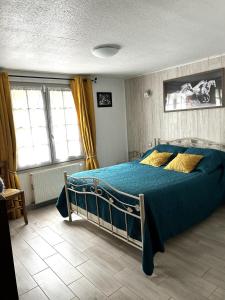 拉苏特兰Chambres et table d'hôtes Floromel La Souterraine en rez de chaussee的一间卧室配有一张带蓝色床单和黄色枕头的床。