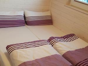 艾恩松Houseboat Hecht in Egernsund at the Marina Minde的小客房内的两张床和两个枕头