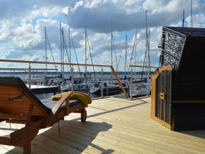 艾恩松Houseboat Hecht in Egernsund at the Marina Minde的码头上带船的木甲板