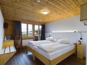 阿峙奇Bergblick Lodge - 3 Sterne Garni - Neueröffnung的一间卧室设有两张床和窗户。