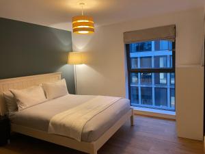 吉尔福德2 Bed, 2 Bath Apartment in Guildford Town Centre的一间卧室设有一张床和一个大窗户