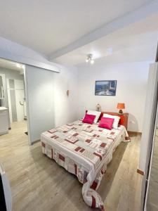 普拉德莫洛拉普雷斯特Appartement d'une chambre avec terrasse amenagee a Prats de Mollo la Preste的一间卧室配有一张带两个粉红色枕头的床
