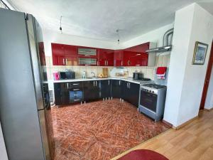 博尔塞克Casa de vacanta的厨房配有红色橱柜和黑色家电