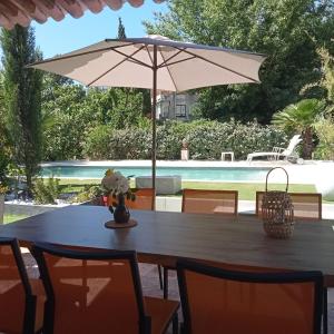圣马克西姆Villa La Croisette的游泳池前带遮阳伞的桌子